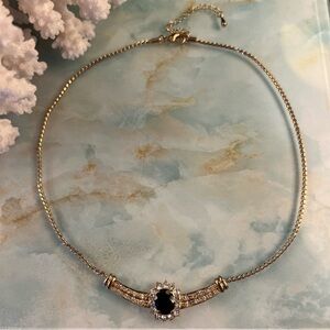 Vintage Faux Onyx and Clear Crystal Gold Tone Necklace